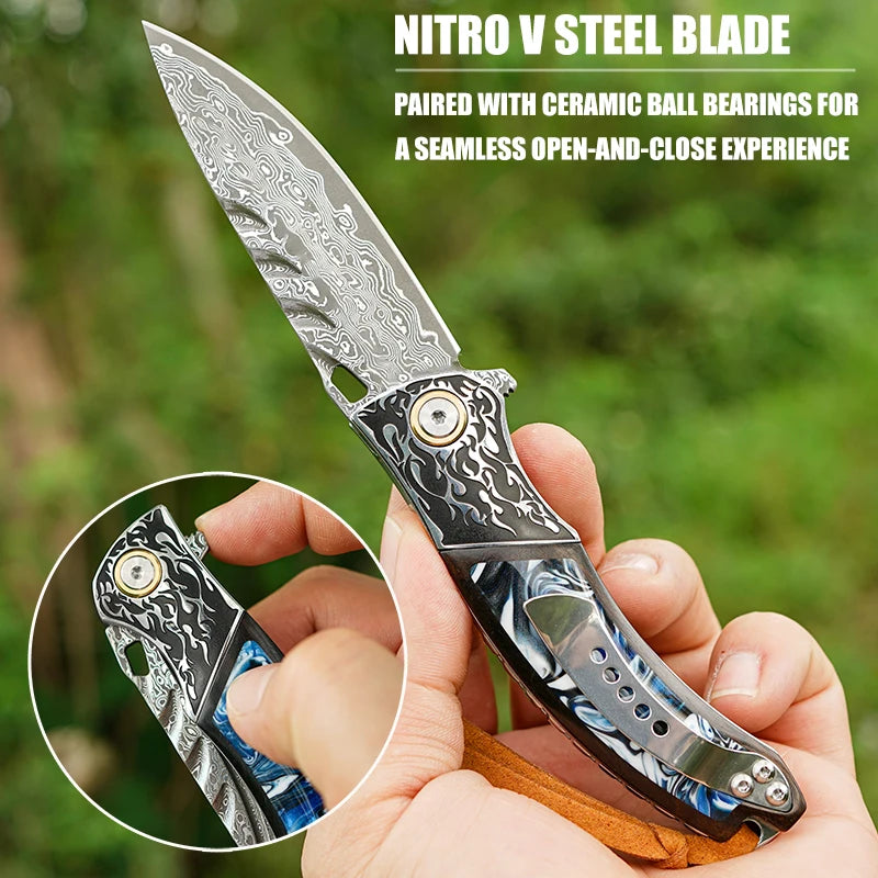 Couteau Pliant Damas EDC Survie Camping