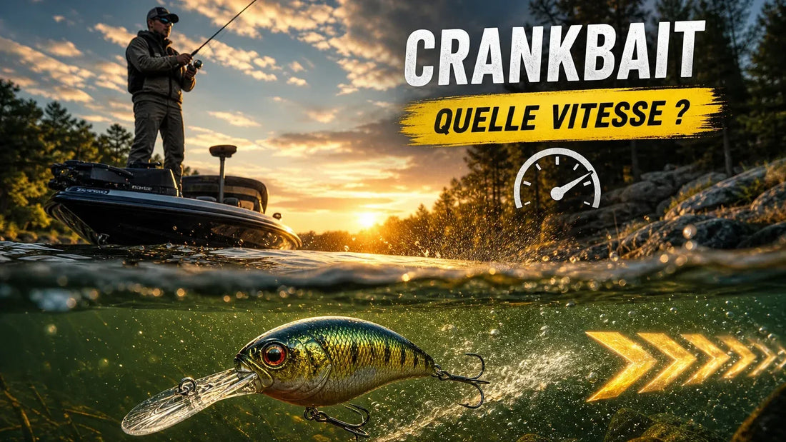 Leurre à manivelle récupéré sous l'eau, pêcheur debout dans son bateau au coucher du soleil
