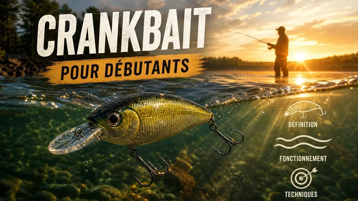 Crankbait vu sous l'eau avec bavette, hameçons triples et pêcheur au lever du soleil
