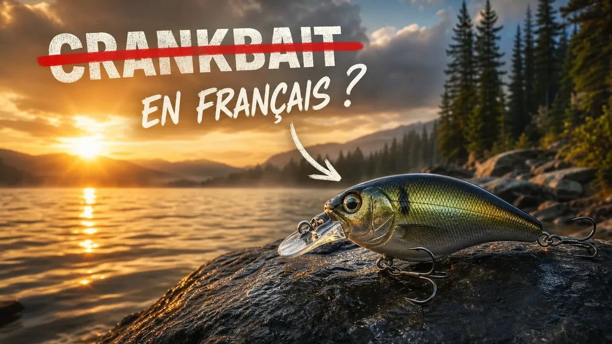 Crankbait posé sur une roche au bord d'un lac avec le mot crankbait barré et la question en français