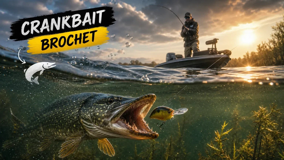 Brochet attaquant un crankbait sous l'eau, pendant qu'un pêcheur lance depuis son bateau au coucher du soleil