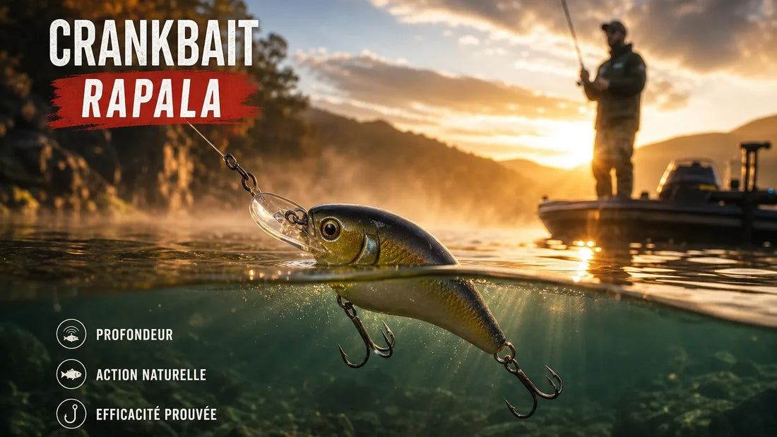 Crankbait Rapala plongeant sous la surface de l'eau, pêcheur à la ligne au coucher du soleil