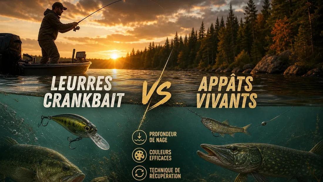Pêcheur en bateau au coucher du soleil, crankbait face à un méné vivant sous l'eau avec un achigan et un brochet