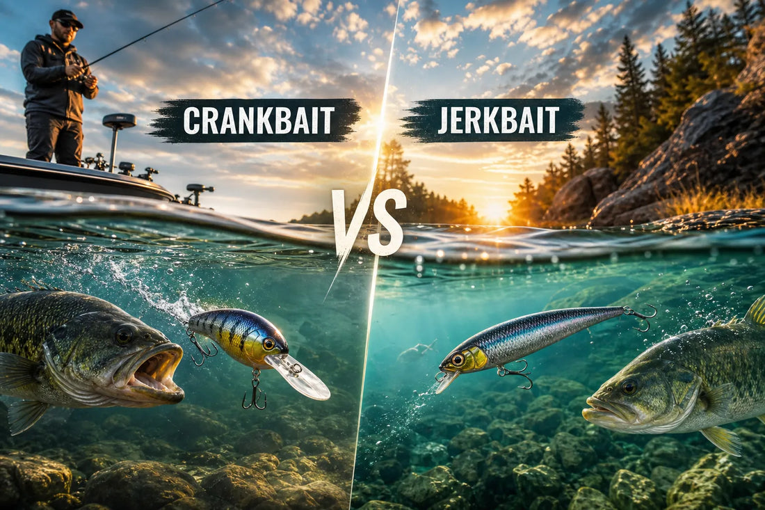Crankbait et jerkbait comparaison sous l'eau avec pêcheur sur son bateau au lever du soleil
