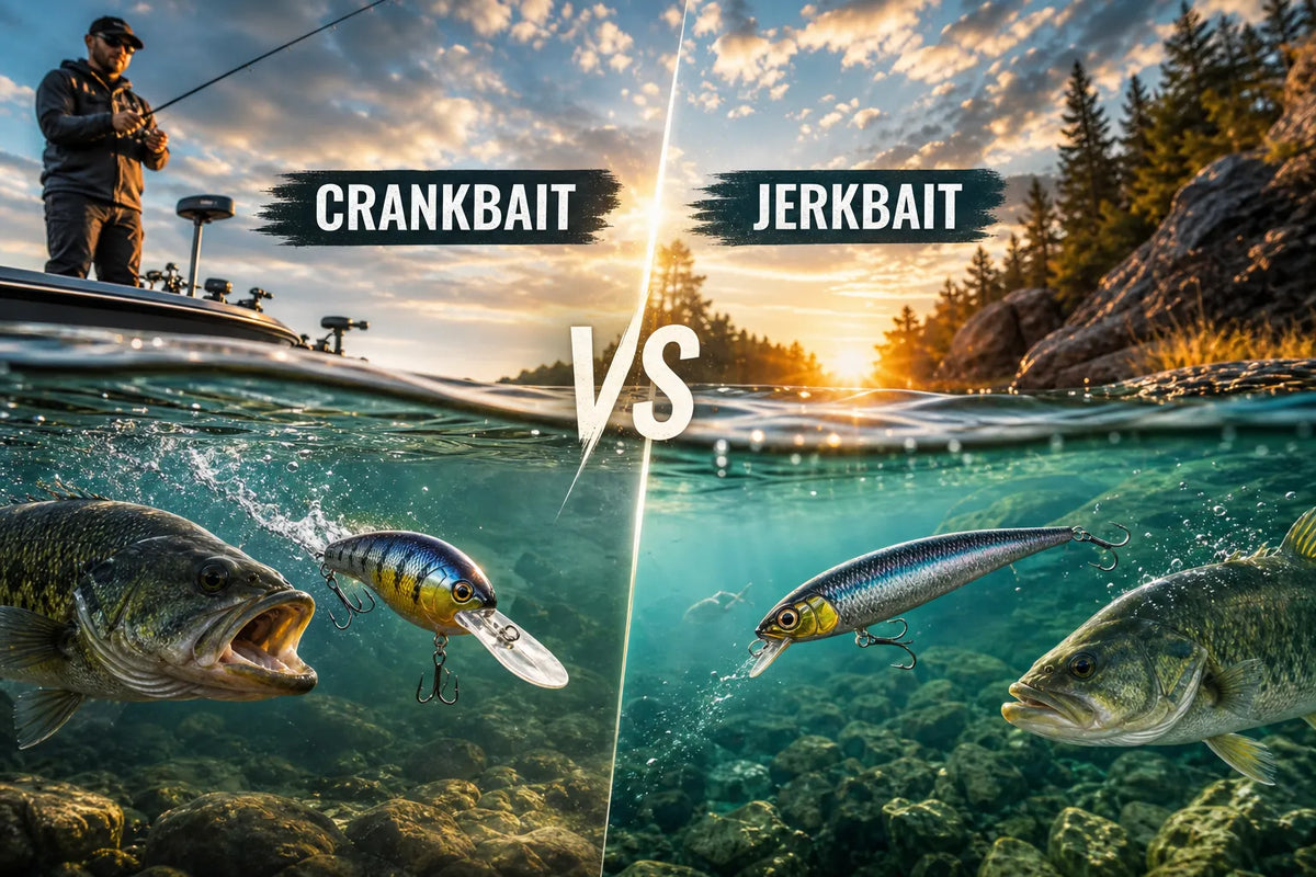 Crankbait et jerkbait comparaison sous l'eau avec pêcheur sur son bateau au lever du soleil
