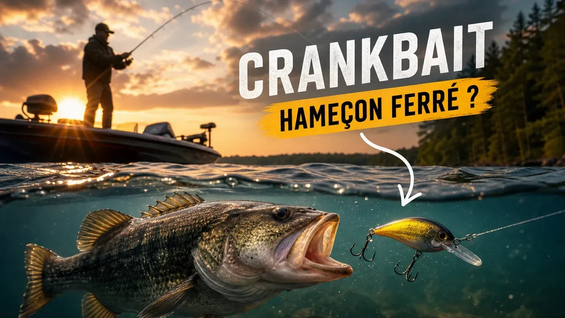 Achigan qui attaque un crankbait sous l'eau, pêcheur en bateau au coucher du soleil