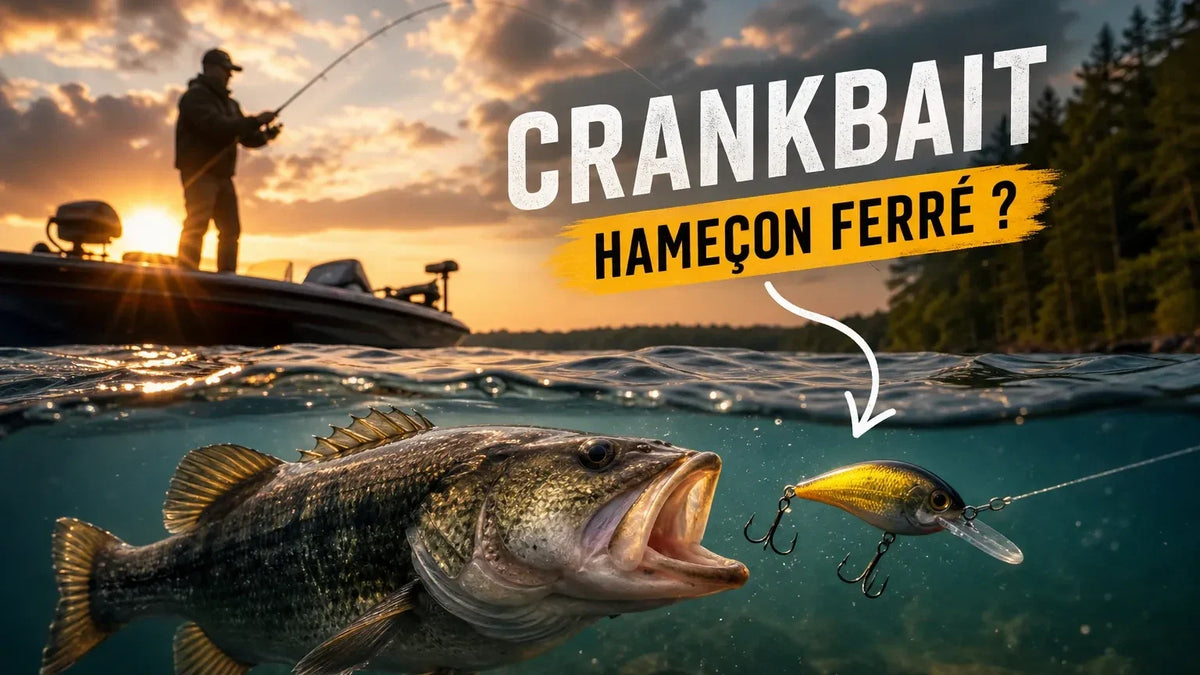 Achigan qui attaque un crankbait sous l'eau, pêcheur en bateau au coucher du soleil