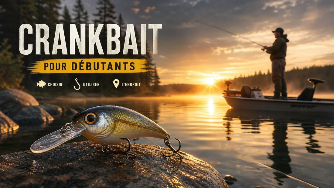 Crankbait posé sur une roche au bord d'un lac, pêcheur à la canne au lever du soleil