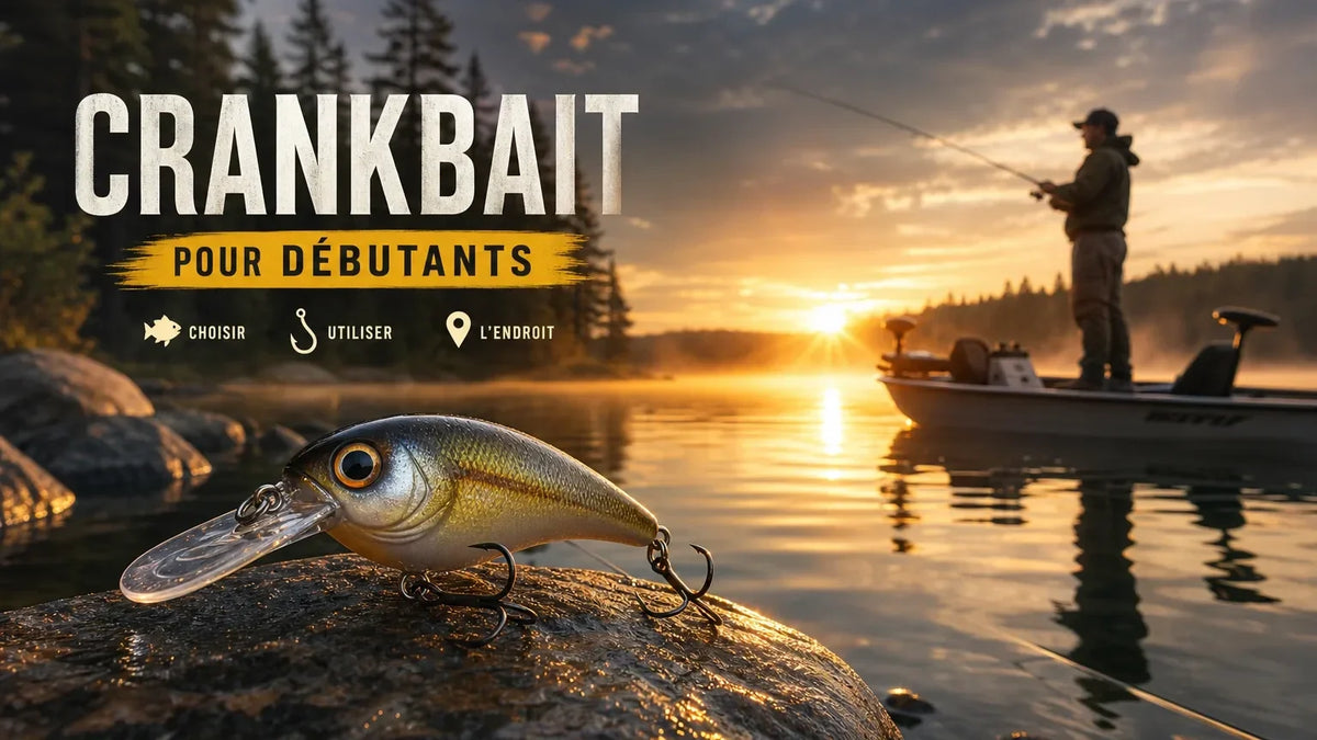Crankbait posé sur une roche au bord d'un lac, pêcheur à la canne au lever du soleil