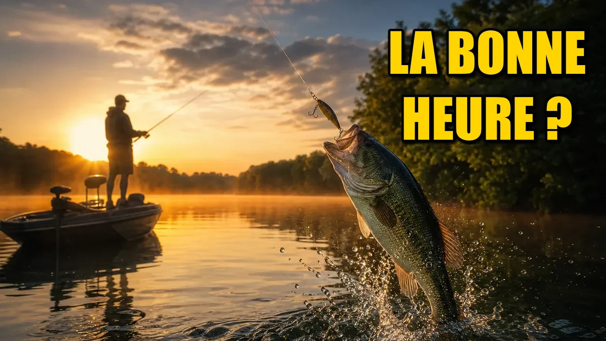 Pêcheur d'achigan à l'aube, achigan qui saute, texte « La bonne heure ? »