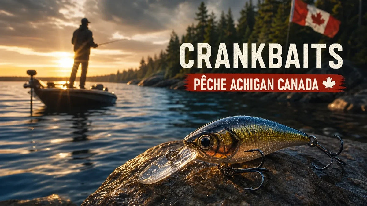 Crankbait sur une roche au bord d'un lac québécois, pêcheur à l'achigan au coucher du soleil