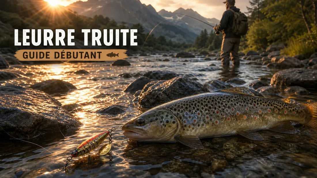 Pêcheur à la truite mouchetée dans une rivière de montagne au coucher du soleil, avec un leurre et une truite en premier plan