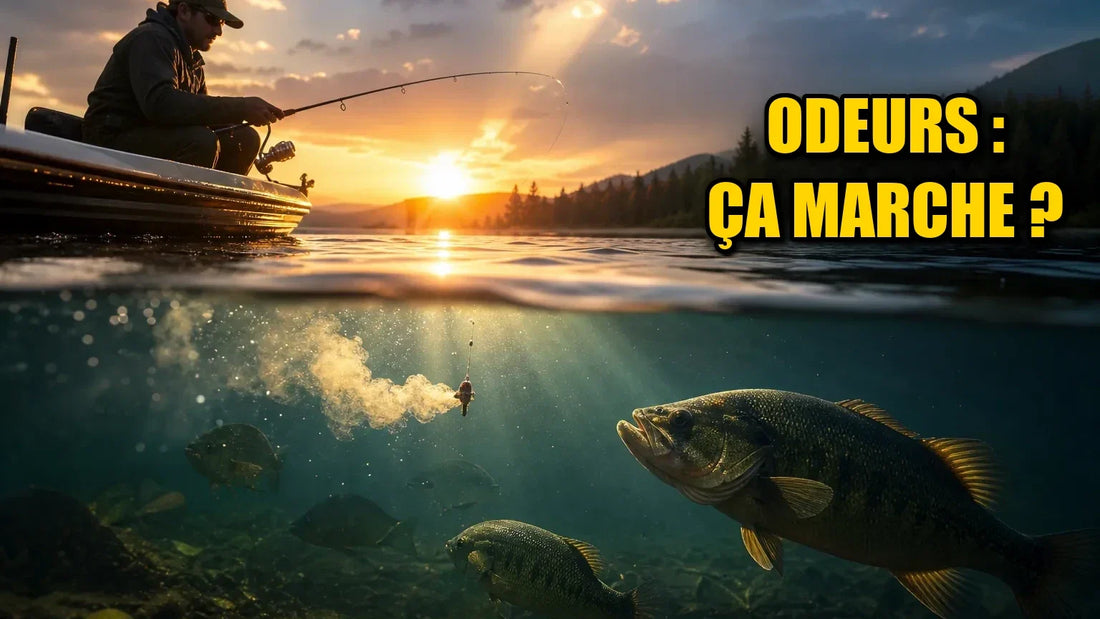 Pêcheur et achigans sous l'eau avec un nuage d'odeur autour du leurre, texte « Odeurs : ça marche ? »