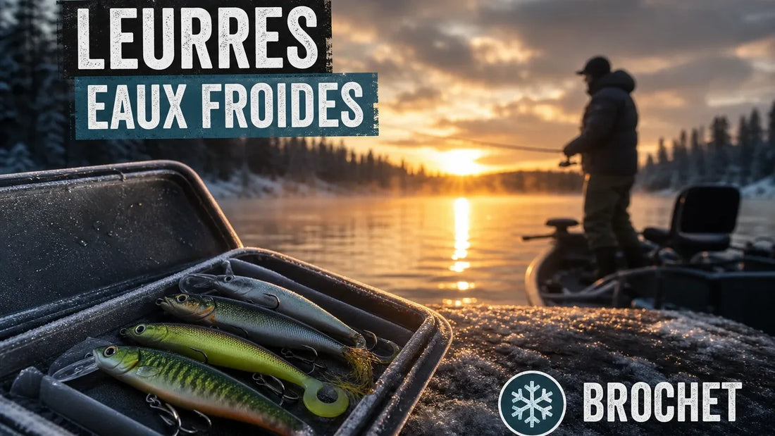 Boîte de leurres pour brochet en eau froide au bord d'un lac, pêcheur au lever du soleil