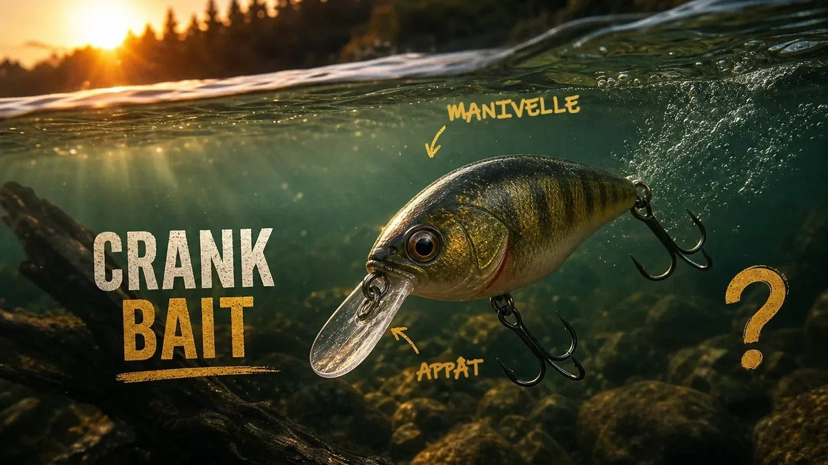 Crankbait sous l'eau avec sa bavette, annoté manivelle et appât, pour expliquer l'origine du nom