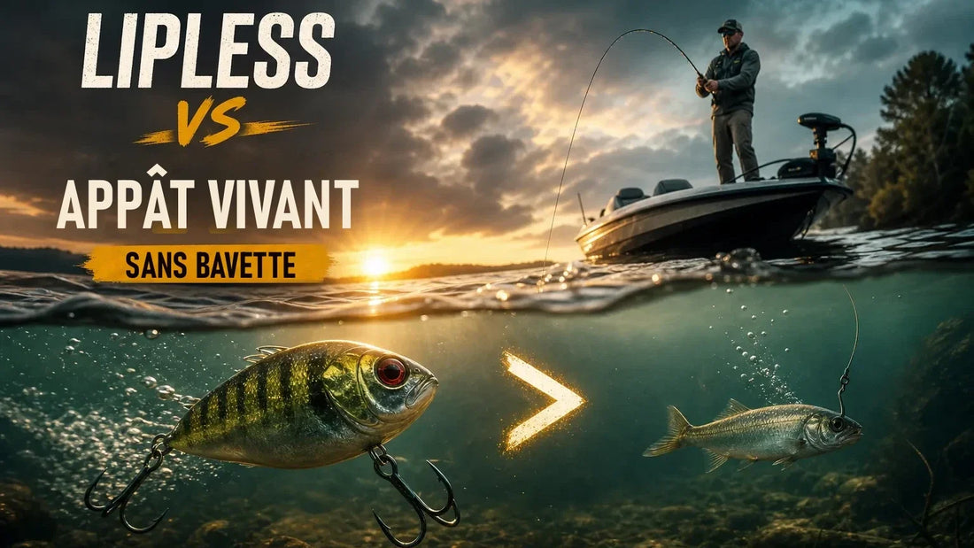 Crankbait lipless et poisson-appât sous l'eau, pêcheur sur son bateau au coucher du soleil