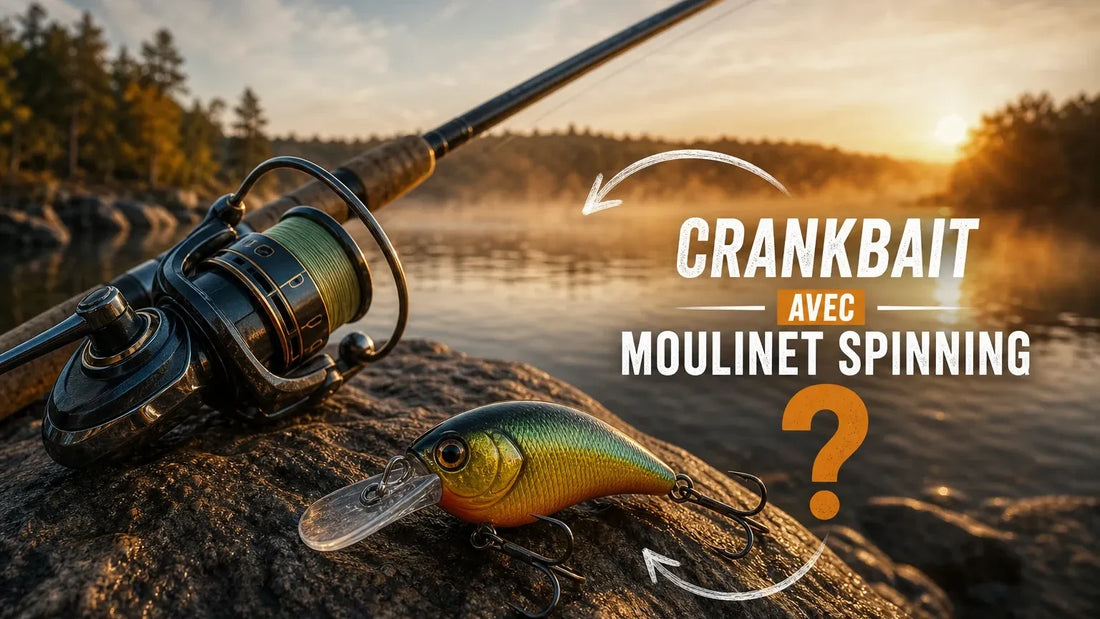 Moulinet spinning et crankbait posés sur une roche au bord d'un lac au lever du soleil