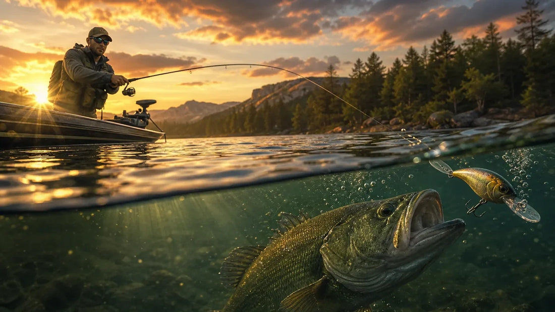 Achigan qui attaque un crankbait sous l'eau, pêcheur en bateau au coucher du soleil en arrière-plan