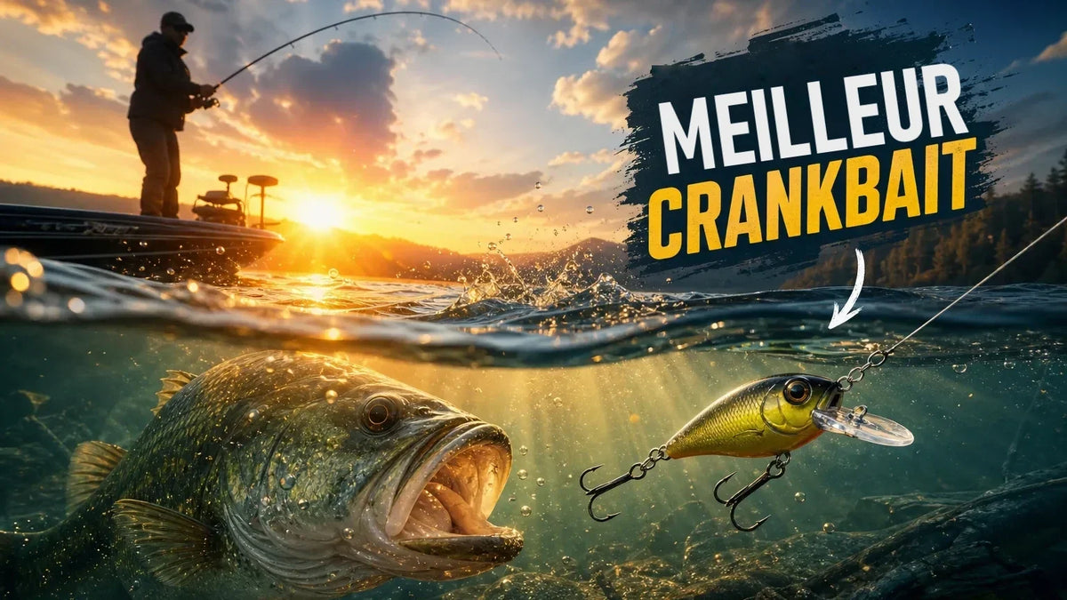Achigan qui attaque un crankbait jaune sous l'eau au coucher du soleil, pêcheur en bateau en arrière-plan