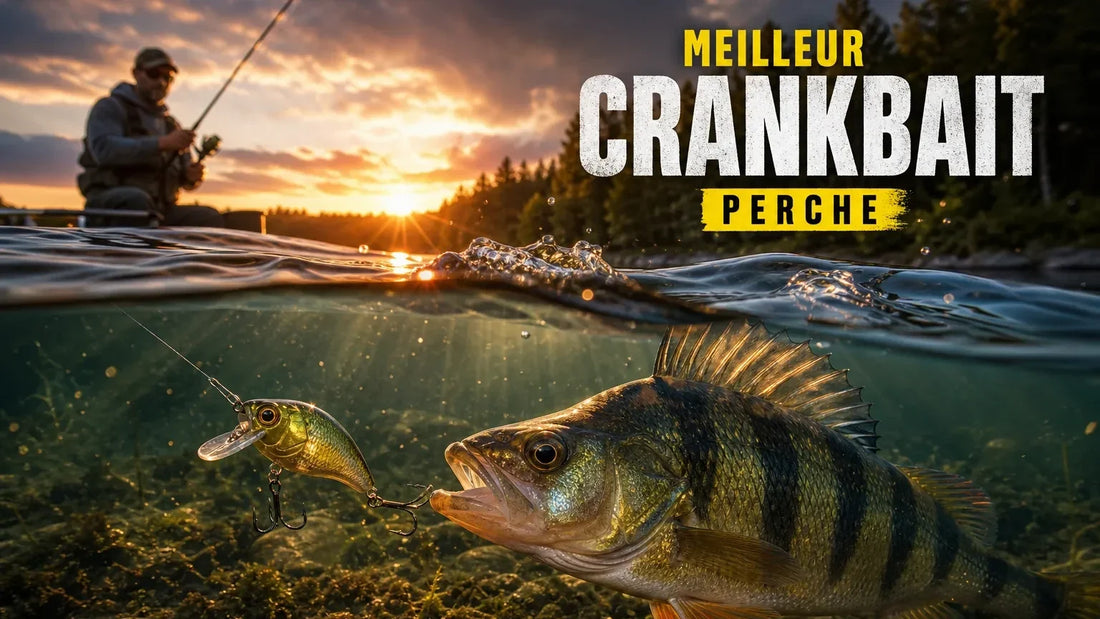Perche qui suit un petit crankbait sous l'eau, pêcheur en arrière-plan au coucher du soleil