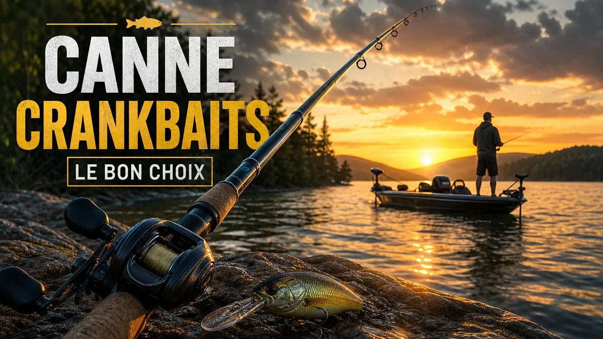Canne casting et crankbait posés sur une roche, bateau de pêche sur un lac au coucher du soleil