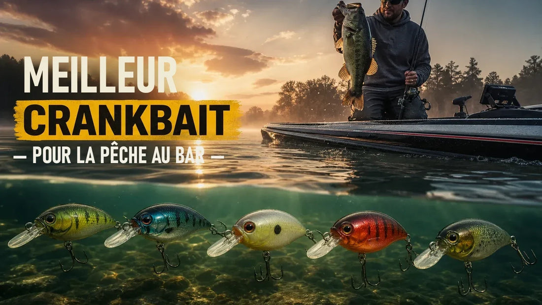 Cinq leurres à manivelle de couleurs différentes sous l'eau, pêcheur tenant un poisson dans son bateau
