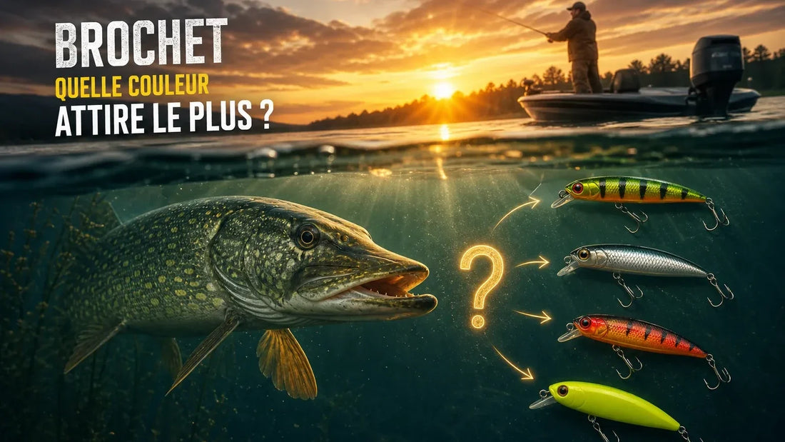 Brochet sous l'eau face à quatre leurres de couleurs différentes, pêcheur en bateau au coucher du soleil