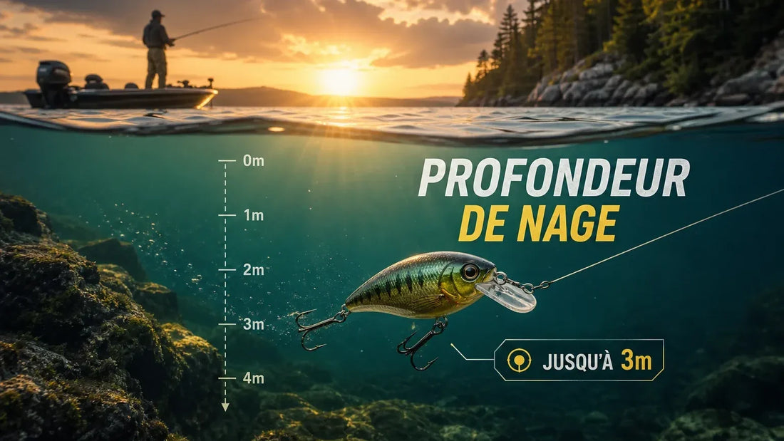 Crankbait sous l'eau à côté d'une échelle de profondeur de 0 à 4 m, pêcheur en bateau au coucher du soleil