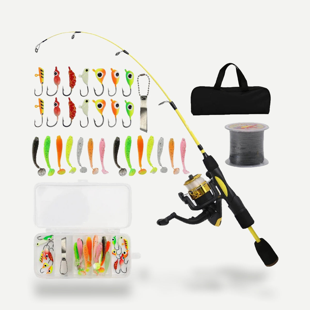 Kit pêche sur glace 34 pièces – canne 27 po, moulinet, leurres et sac – Jaune