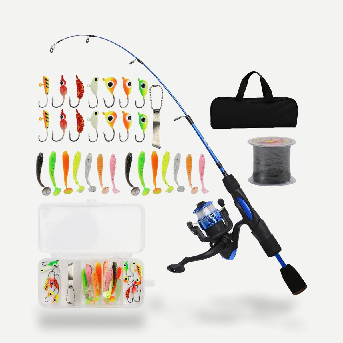 Kit pêche sur glace 34 pièces – canne 27 po, moulinet, leurres et sac – Bleu