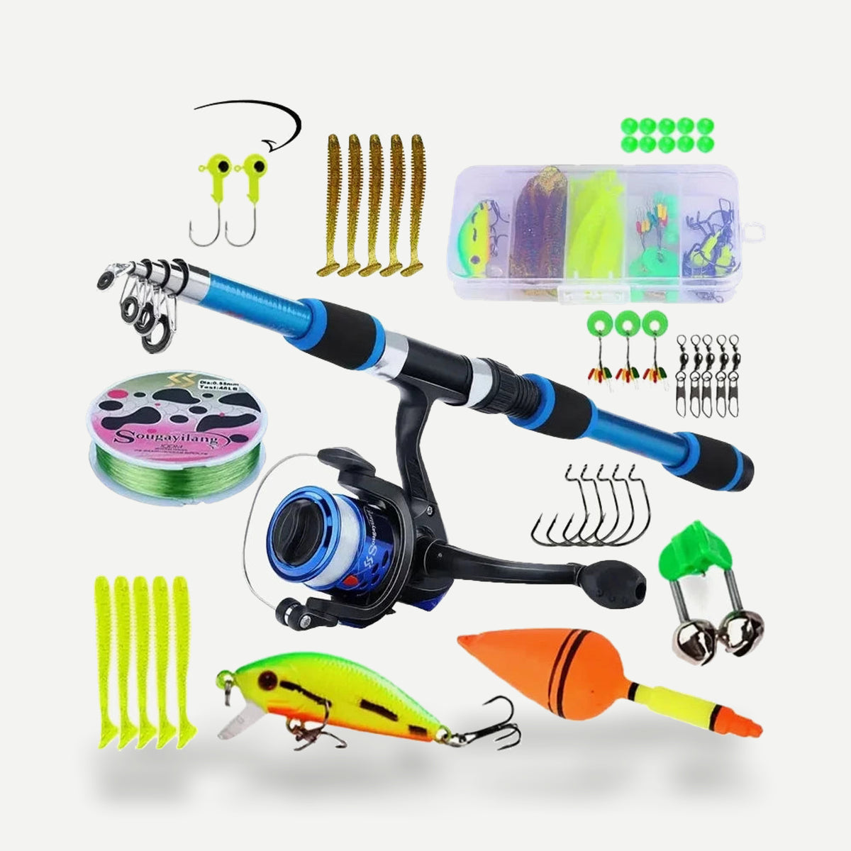 Kit complet canne télescopique 1,8 m + moulinet spinning + leurres – Sougayilang – Bleu