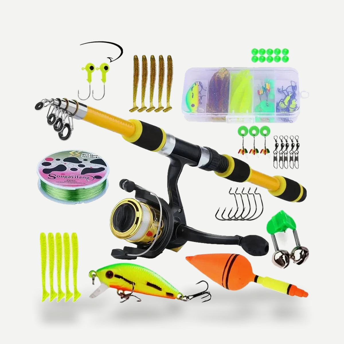 Kit complet canne télescopique 1,8 m + moulinet spinning + leurres – Sougayilang