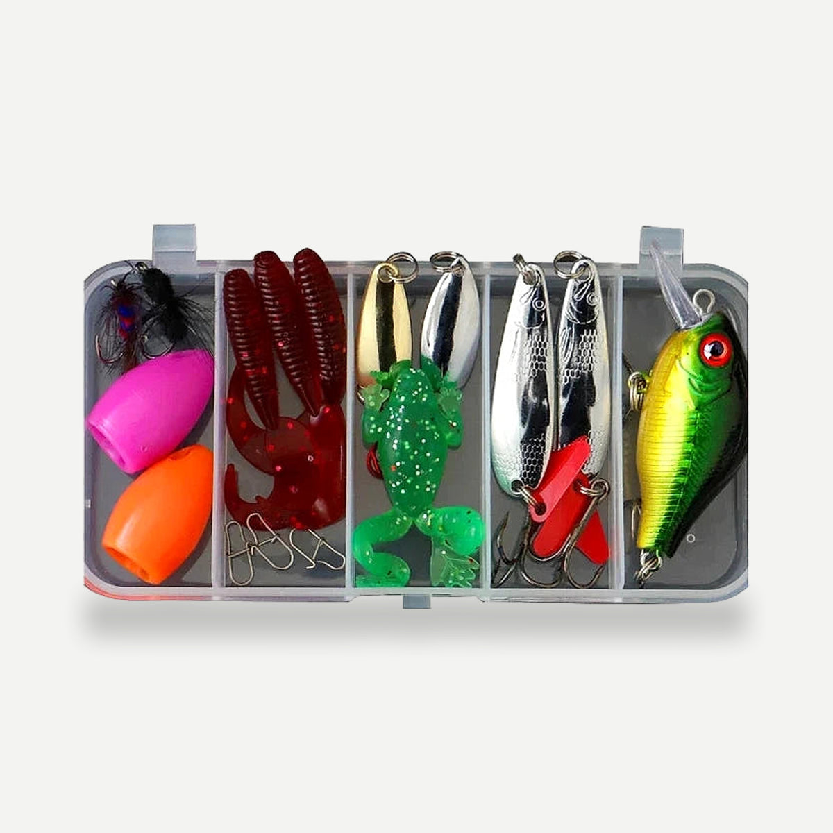 Kit cuillères métal et leurres souples avec boîte – argenté, doré ou multicolore