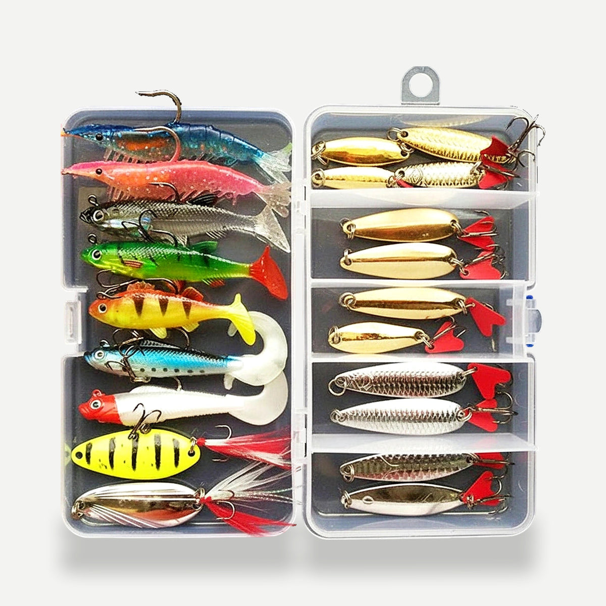 Kit cuillères métal et leurres souples avec boîte – argenté, doré ou multicolore – Argenté