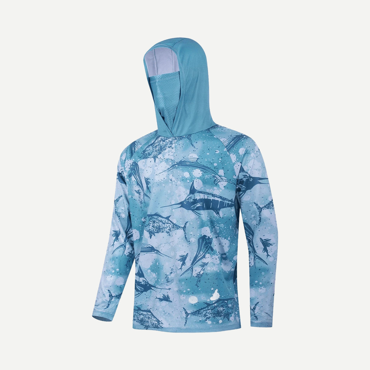 Chandail de pêche à capuchon avec cache-cou – imprimé poisson – Noir/Bleu – achigan