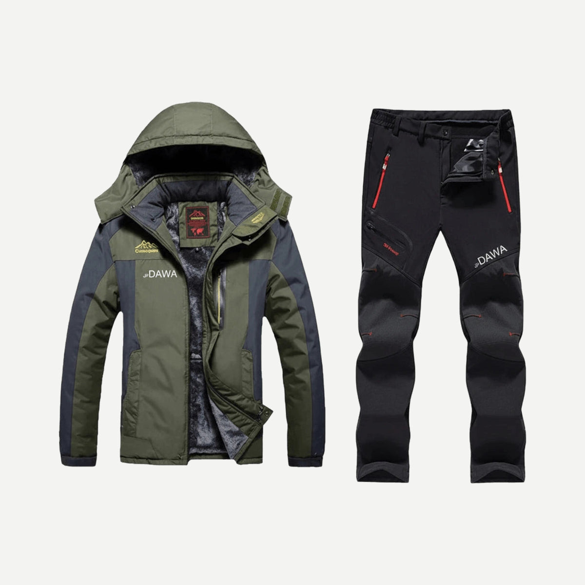 Ensemble manteau et pantalon doublé polaire – pêche et plein air – Vert armée