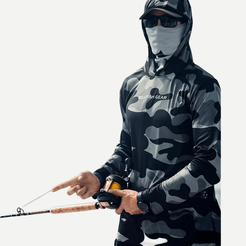 Chandail de pêche à capuchon anti-UV – camouflage gris, marine ou blanc – Camouflage gris