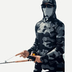 Chandail de pêche à capuchon anti-UV – camouflage gris, marine ou blanc – Camouflage gris