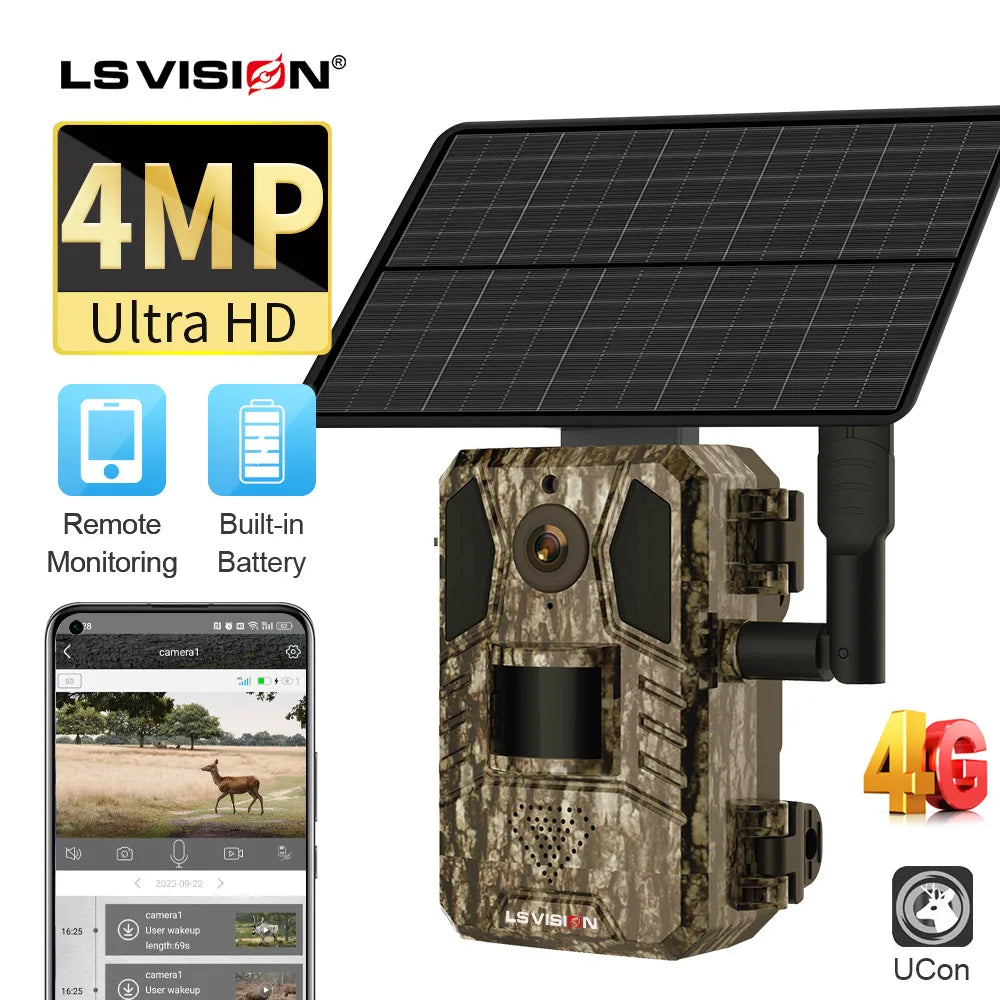 LS VISION 4G Solar Hunting Trail Camera Outdoor 4MP Night Vision PIR Motion Detection 7800mAh Battery Waterproof Wildlife Camera