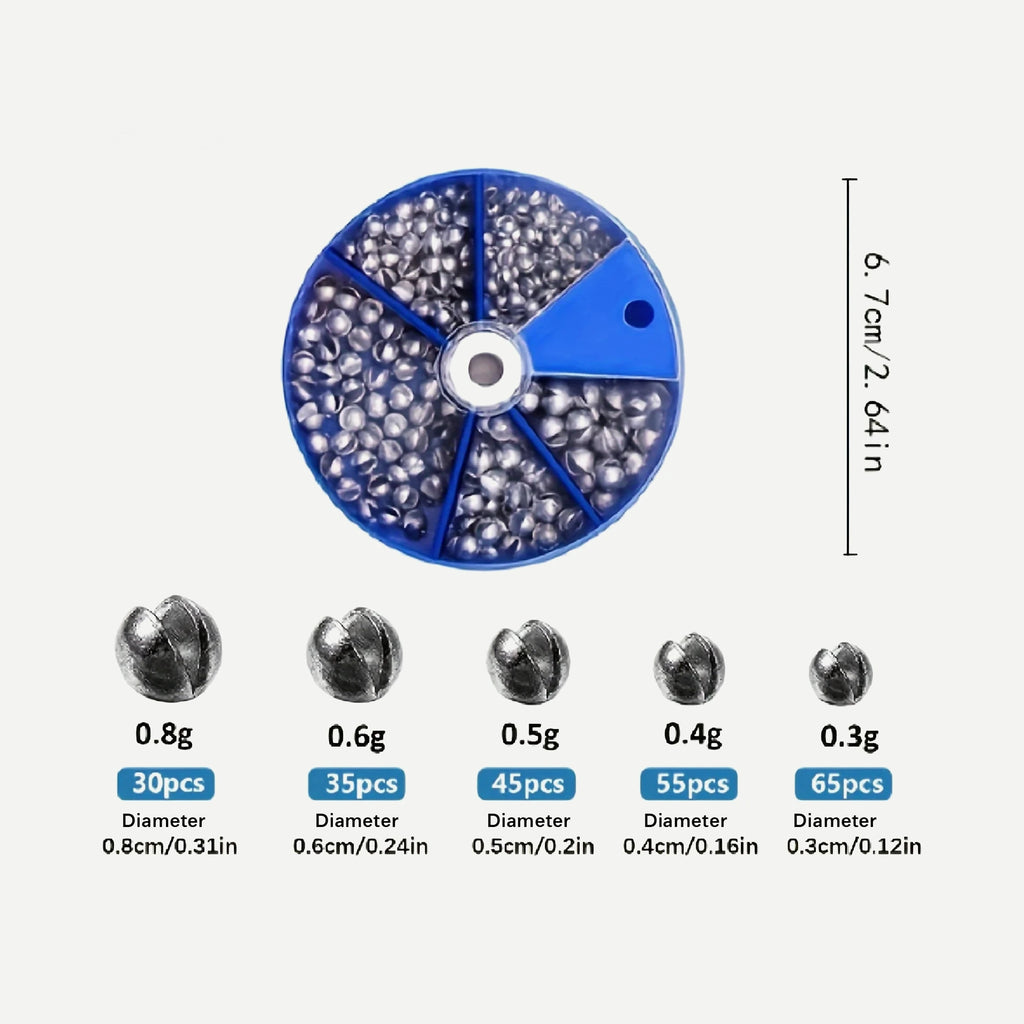 Plombs fendus assortis – boîte de 107 ou 230 – 230 pièces (0,3 à 0,8 g)