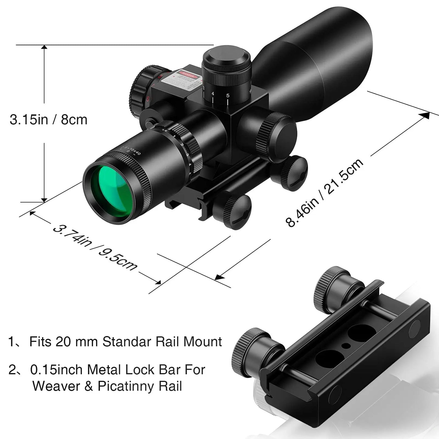 Lunette de Tir EZshoot 2.5-10x40 avec Réticule Mil-dot Illuminé en Rouge et Vert