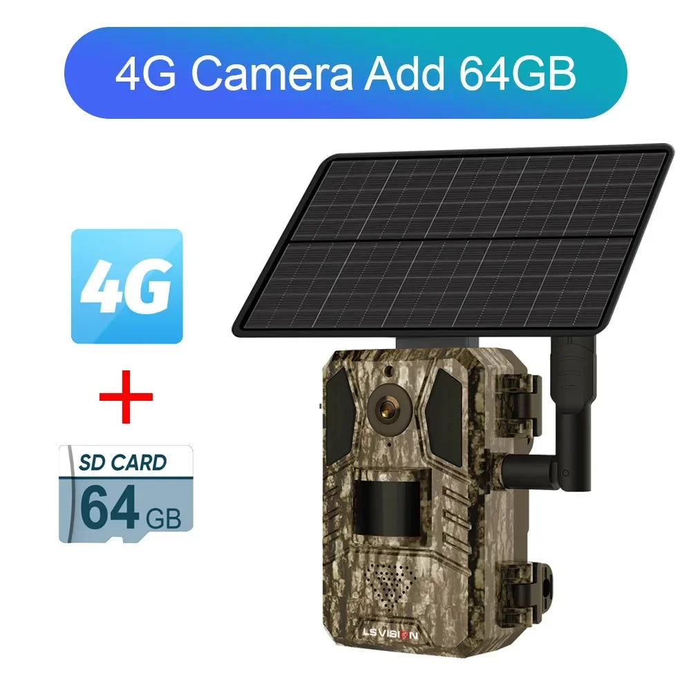 LS VISION 4G Solar Hunting Trail Camera Outdoor 4MP Night Vision PIR Motion Detection 7800mAh Battery Waterproof Wildlife Camera