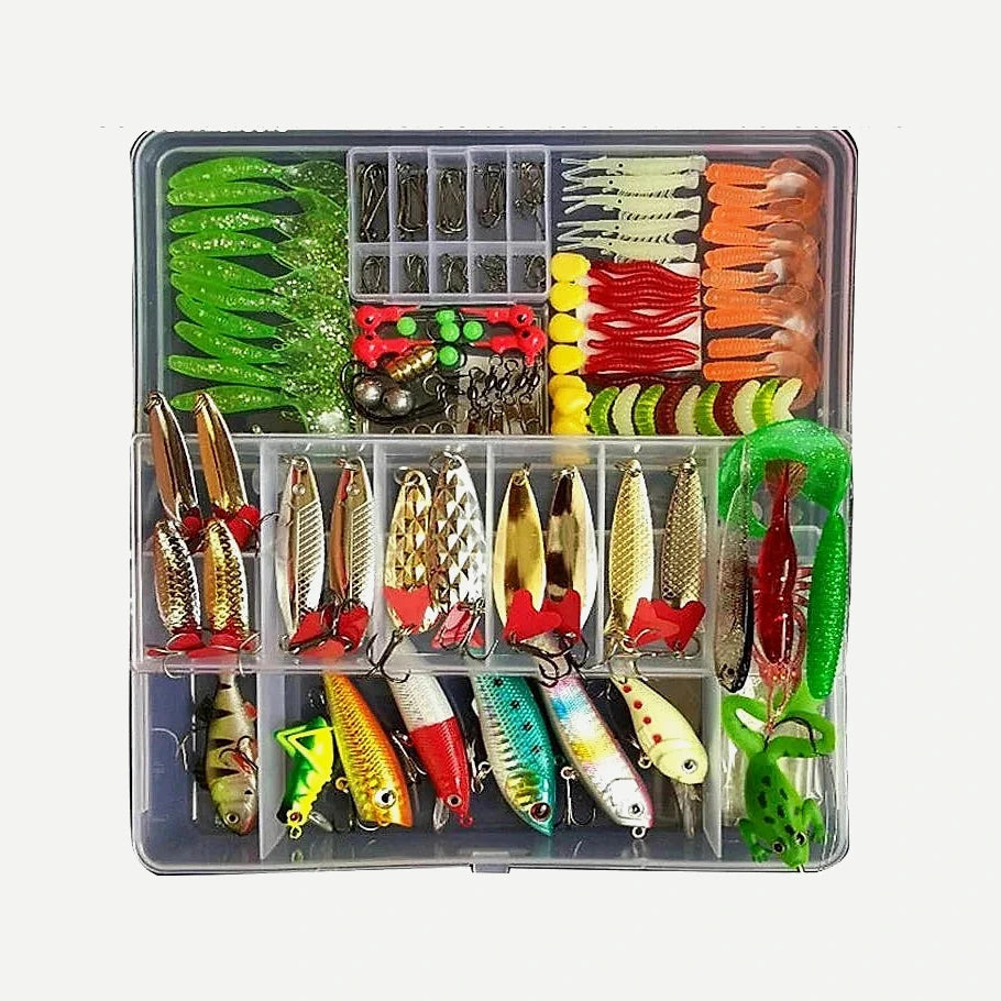Kit cuillères métal et leurres souples avec boîte – argenté, doré ou multicolore