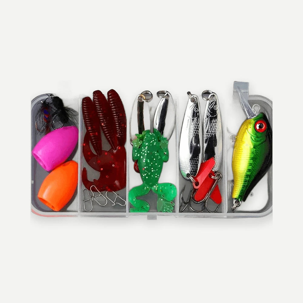 Kit cuillères métal et leurres souples avec boîte – argenté, doré ou multicolore