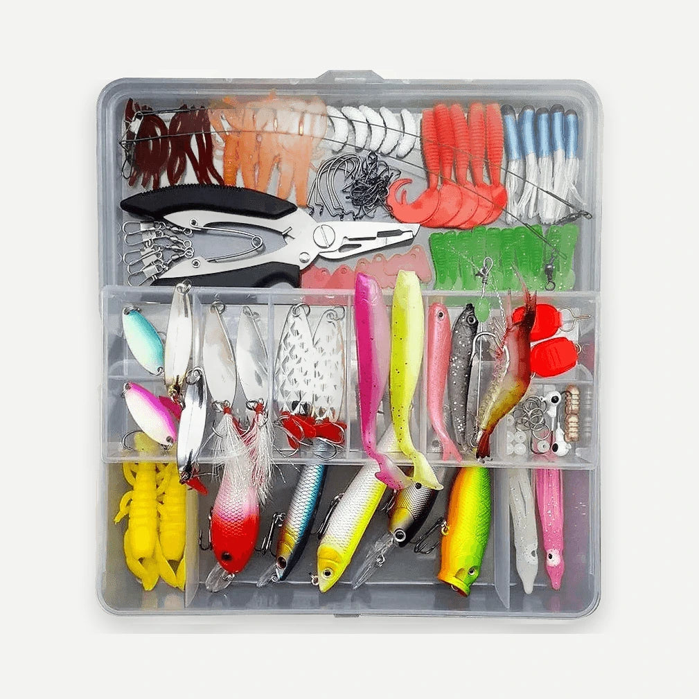 Kit cuillères métal et leurres souples avec boîte – argenté, doré ou multicolore