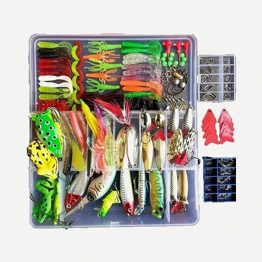 Kit cuillères métal et leurres souples avec boîte – argenté, doré ou multicolore