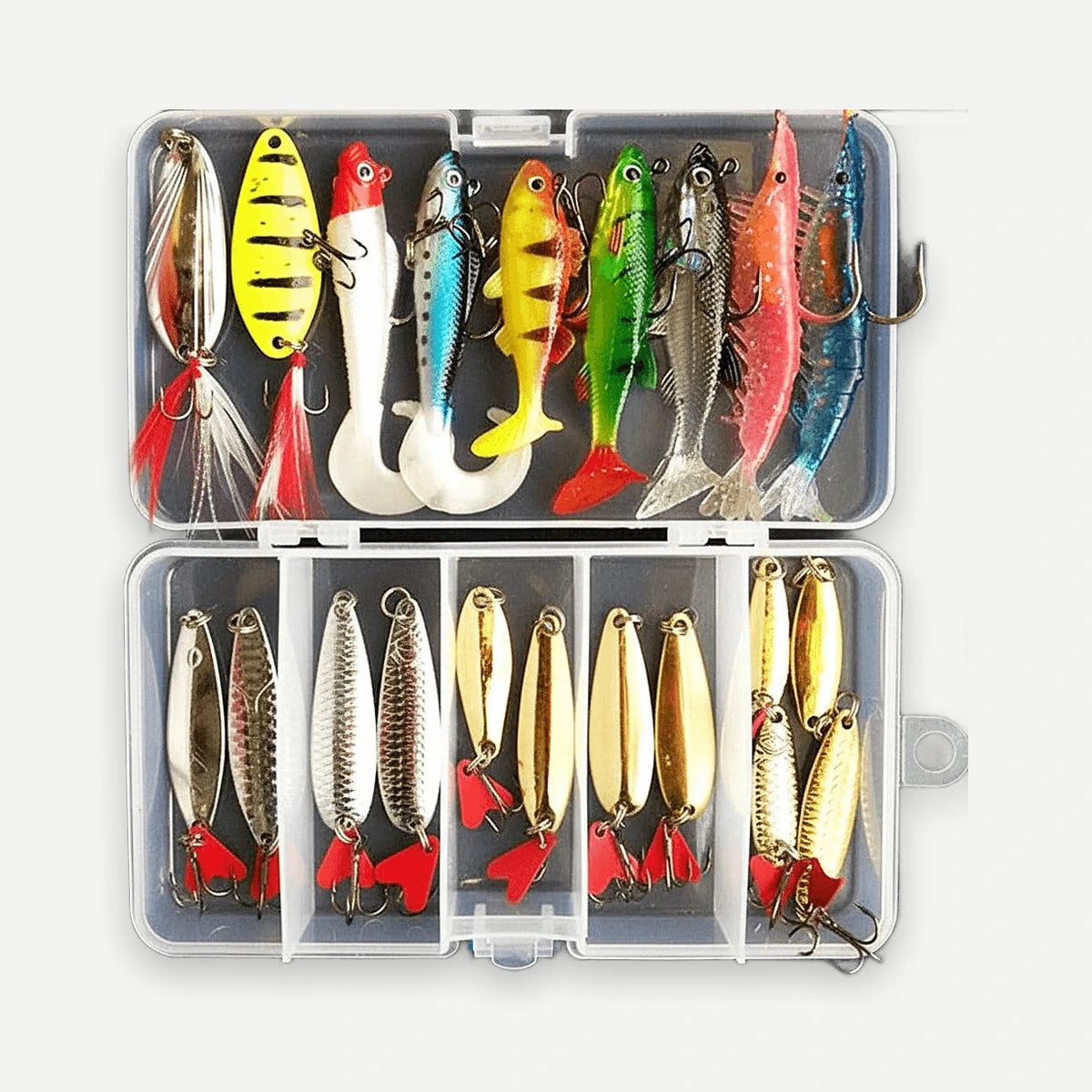 Kit cuillères métal et leurres souples avec boîte – argenté, doré ou multicolore – Argenté