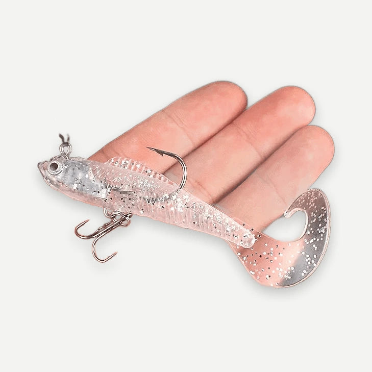 Swimbait souple plombé 9,5 cm – 9,5 g – Argent transparent