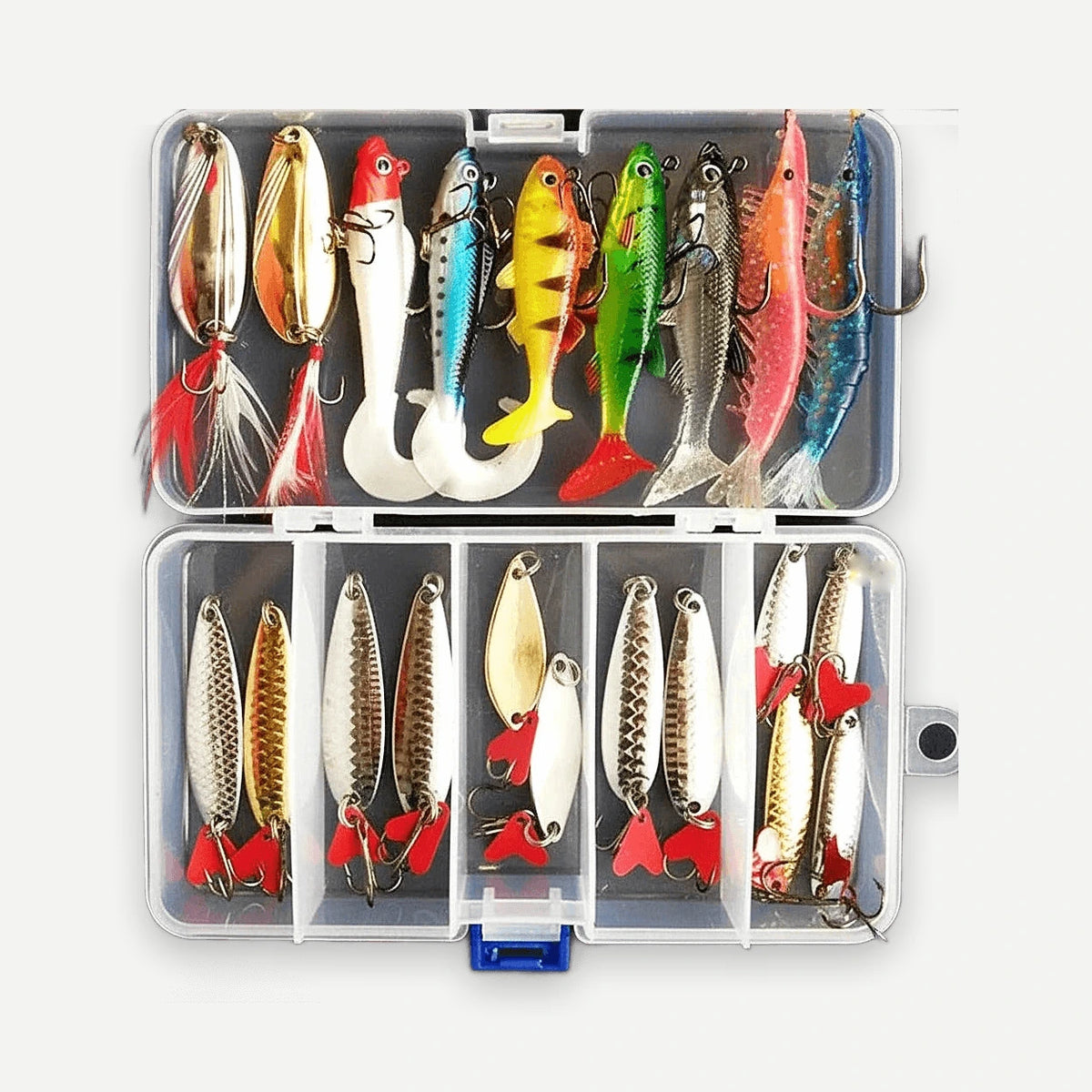 Kit cuillères métal et leurres souples avec boîte – argenté, doré ou multicolore