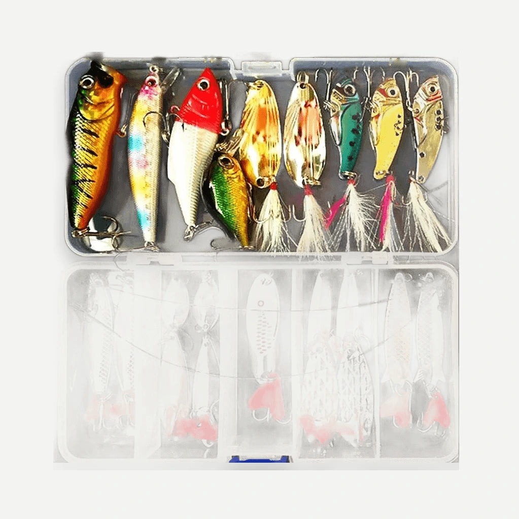 Kit cuillères métal et leurres souples avec boîte – argenté, doré ou multicolore